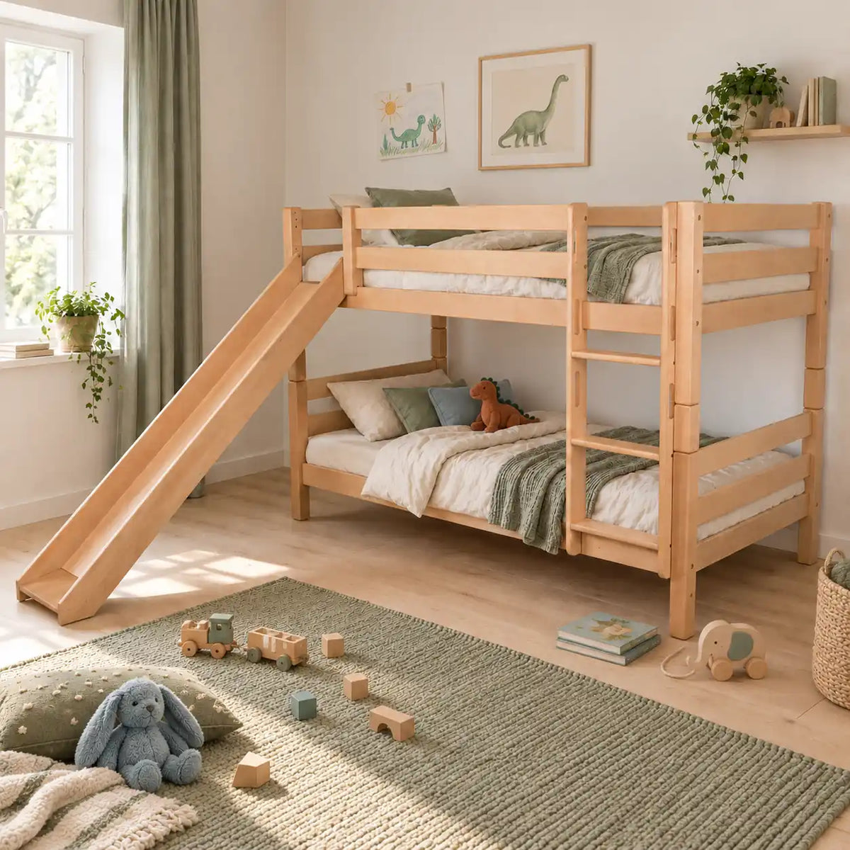 Liam Etagenbett aus Buche natur mit Rutsche und Leiter in einem hellen Kinderzimmer