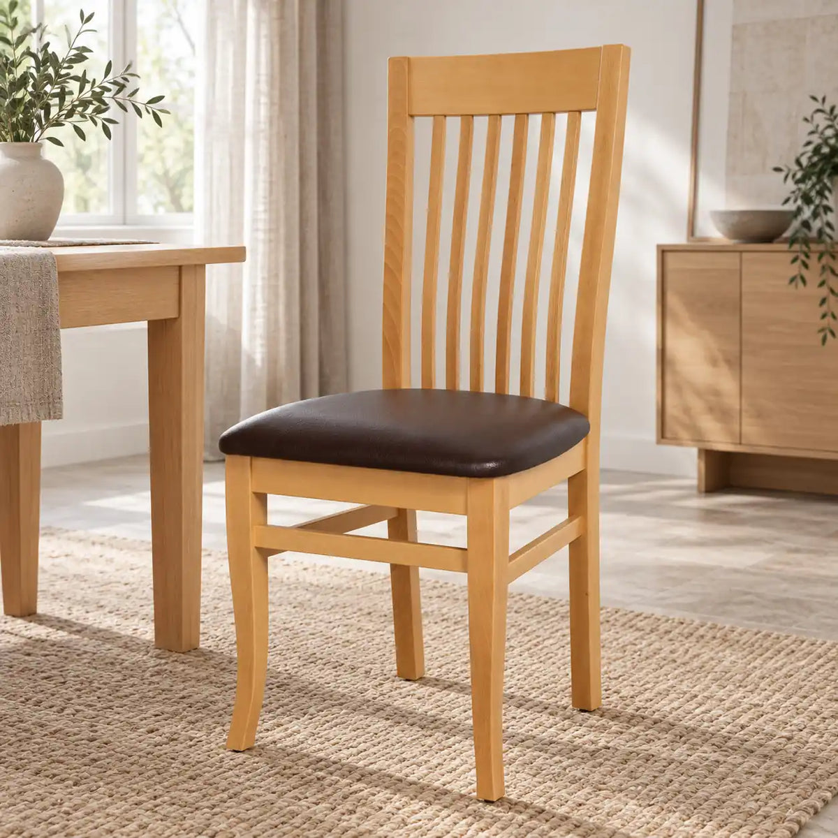 Toskana Esszimmerstuhl aus hellem Holz mit dunkelbraunem Polstersitz in einem hellen Esszimmer