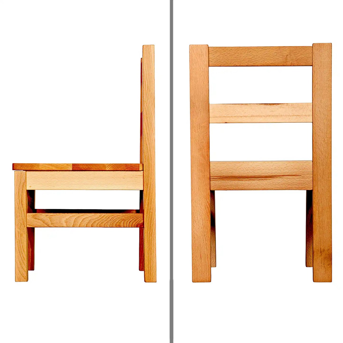 Seitenansicht von Kinderstuhl aus massivem Buchenholz in Natur, stabiler Holzstuhl für Kinder mit zeitlosem Design