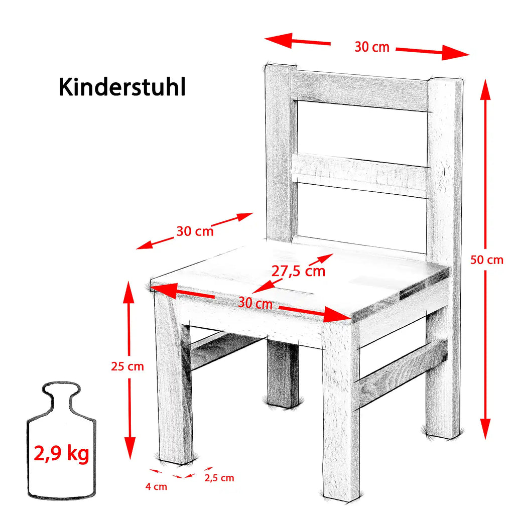 Maßangaben für Kinderstuhl aus massivem Buchenholz in Natur, stabiler Holzstuhl für Kinder mit zeitlosem Design