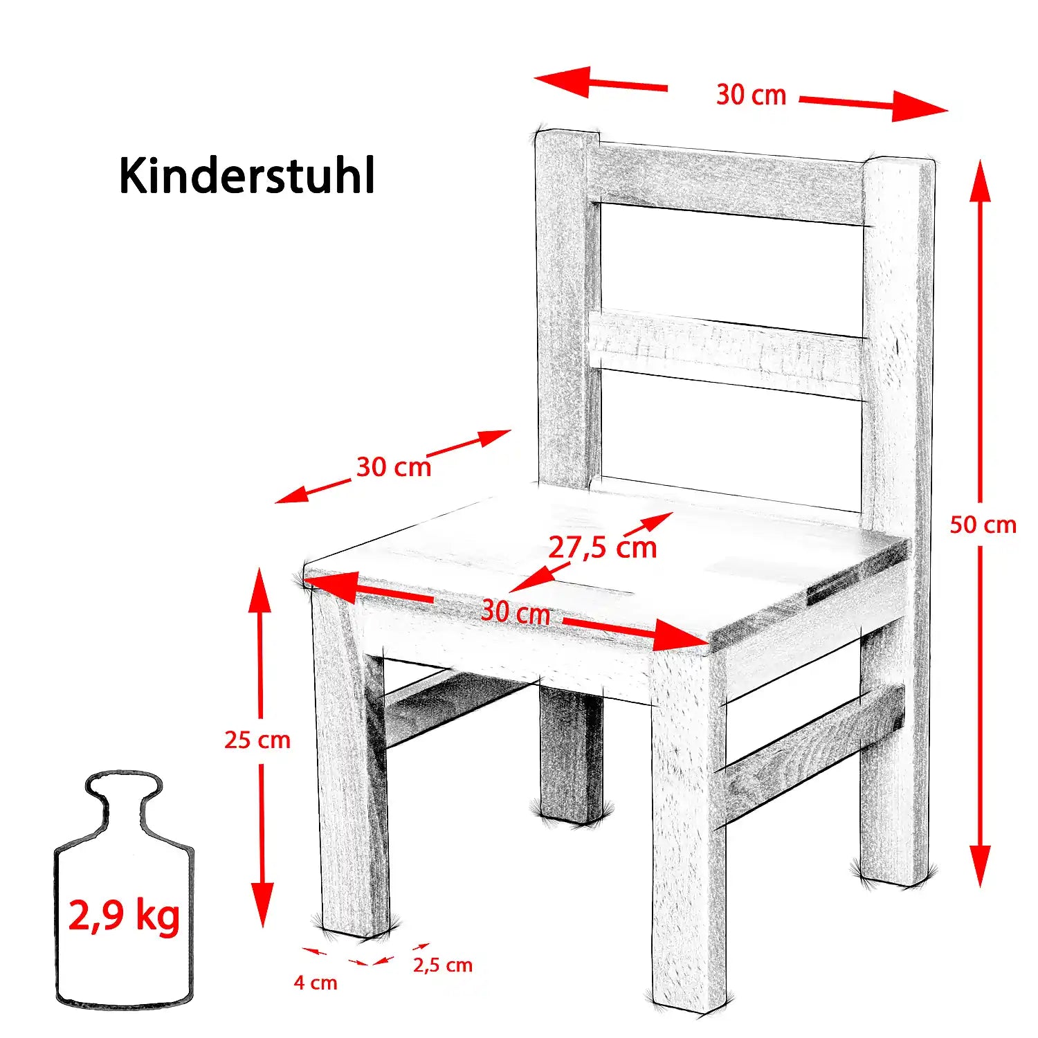 Maßangaben für Kinderstuhl aus massivem Buchenholz in Natur, stabiler Holzstuhl für Kinder mit zeitlosem Design