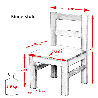 Maßangaben für Kinderstuhl aus massivem Buchenholz in Natur, stabiler Holzstuhl für Kinder mit zeitlosem Design